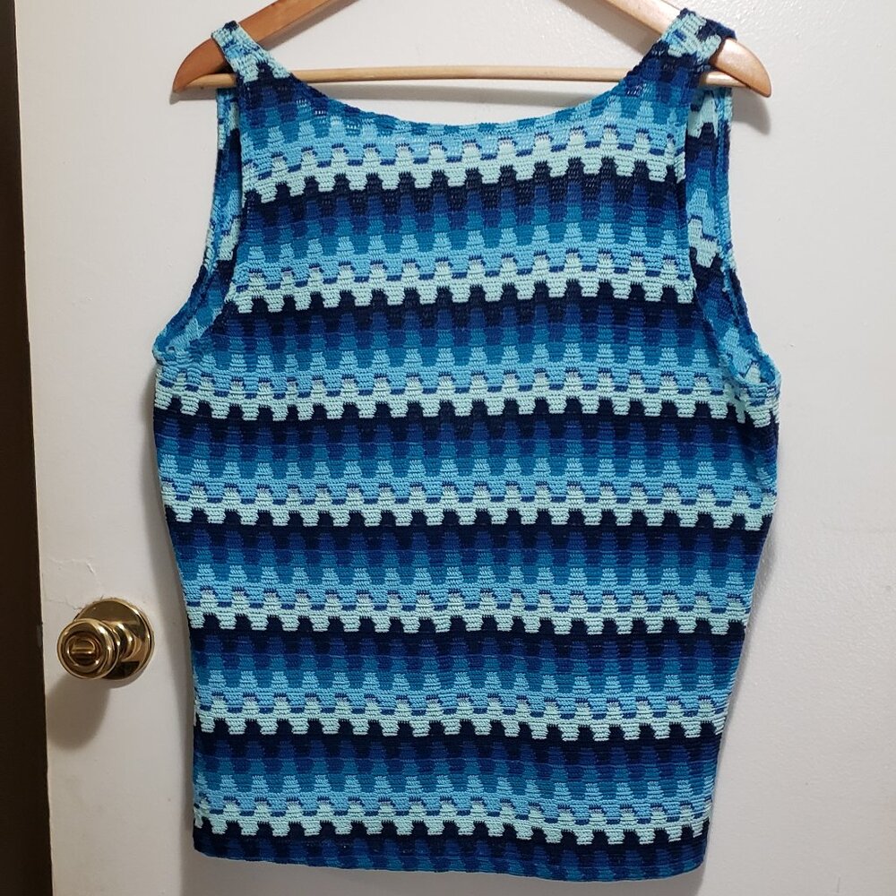 Open Back Knitted Tank Top In Hues Of Blues.